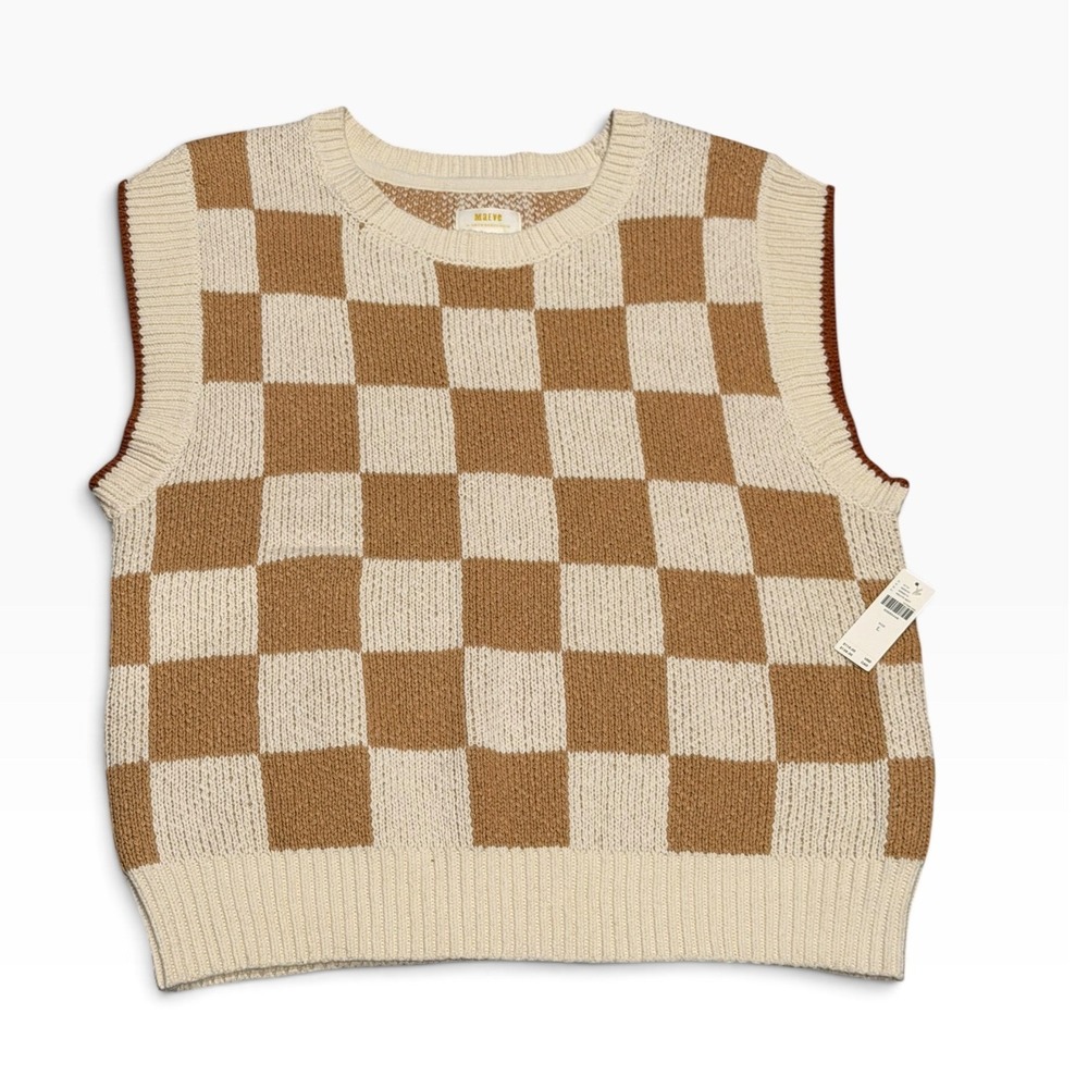 NWT Maeve Anthropologie Checkered Sweater Vest Tan Cream Size Large Neutral